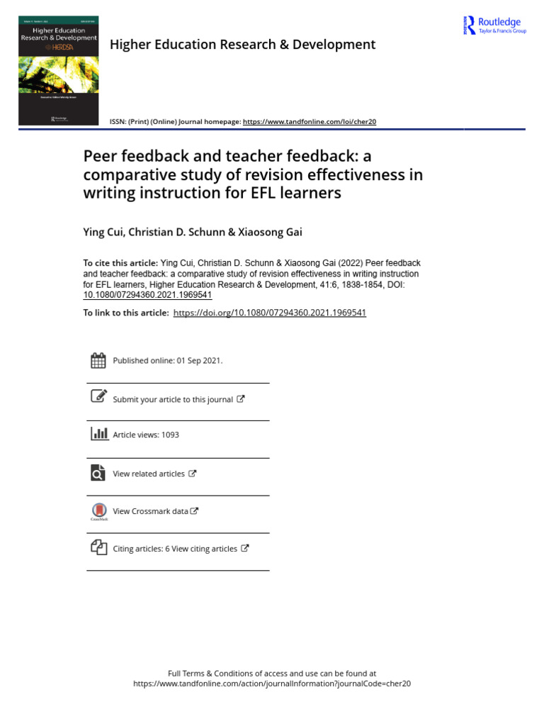 Peer vs. Teacher Feedback in EFL Writing | PDF | English As A Second Or ...