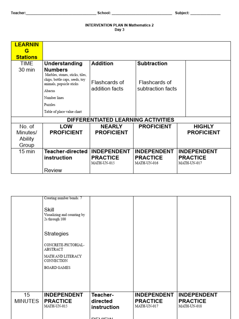 Math Intervention Plan: Day 3 Activities | PDF | Teaching | Education ...
