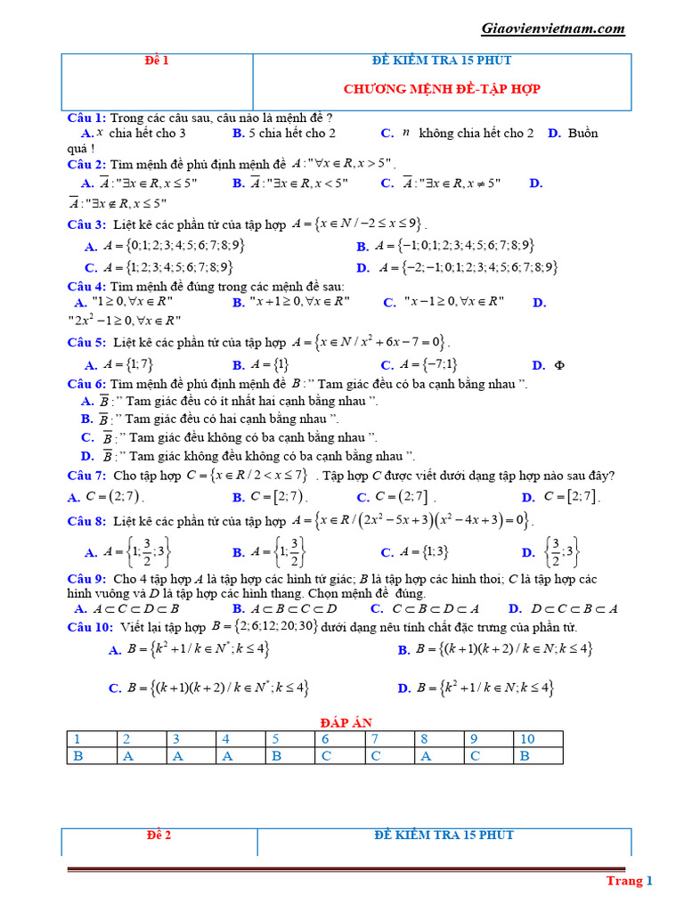Bo de KT 15 Phut Menh de Tap Hop Co Dap An Hay | PDF