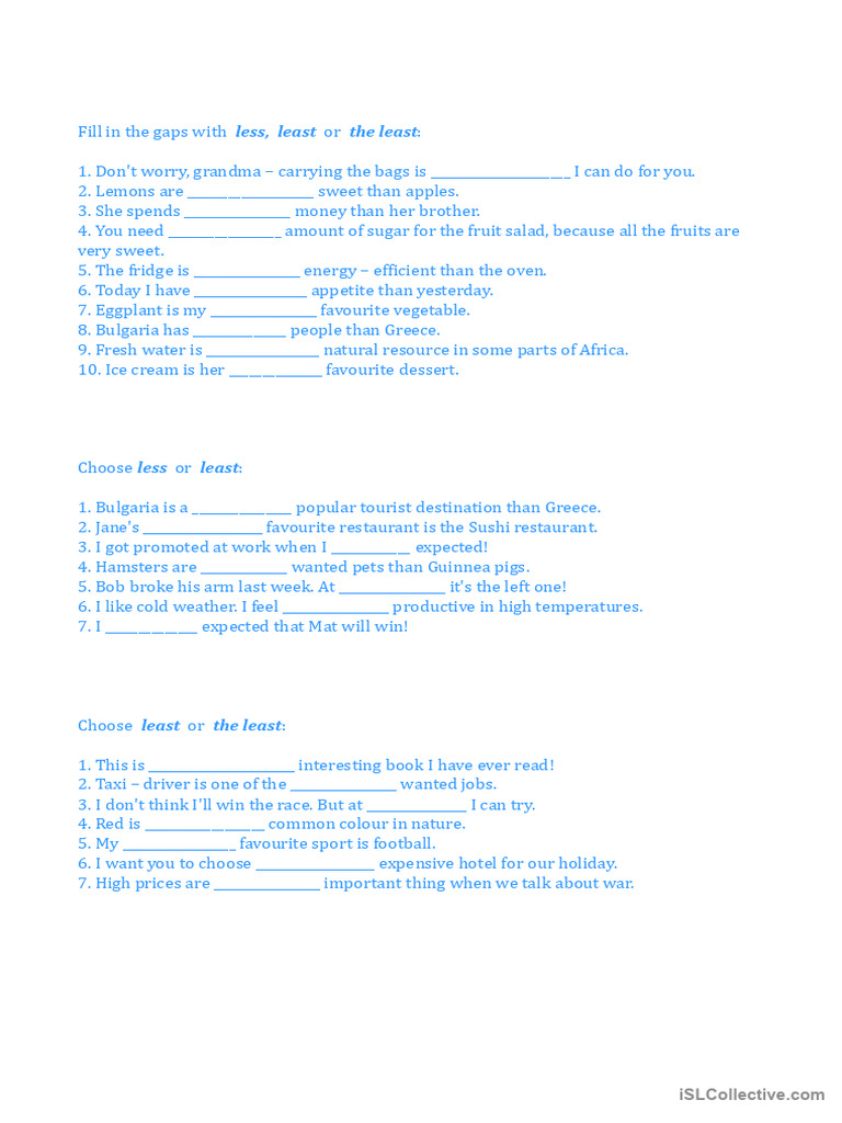 Less and Least Comparative Exercises | PDF | Cooking | Cuisine