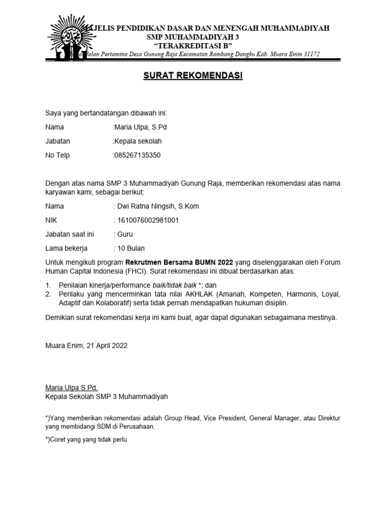 Template Surat Rekomendasi Pdf