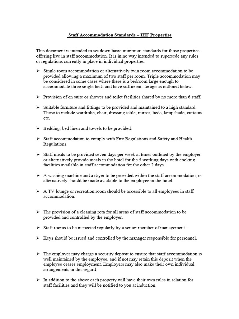 Staff Accommodation Standards Guide | PDF | Employment
