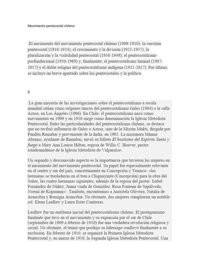 Historia del Pentecostalismo en Chile | PDF | Pentecostalismo ...