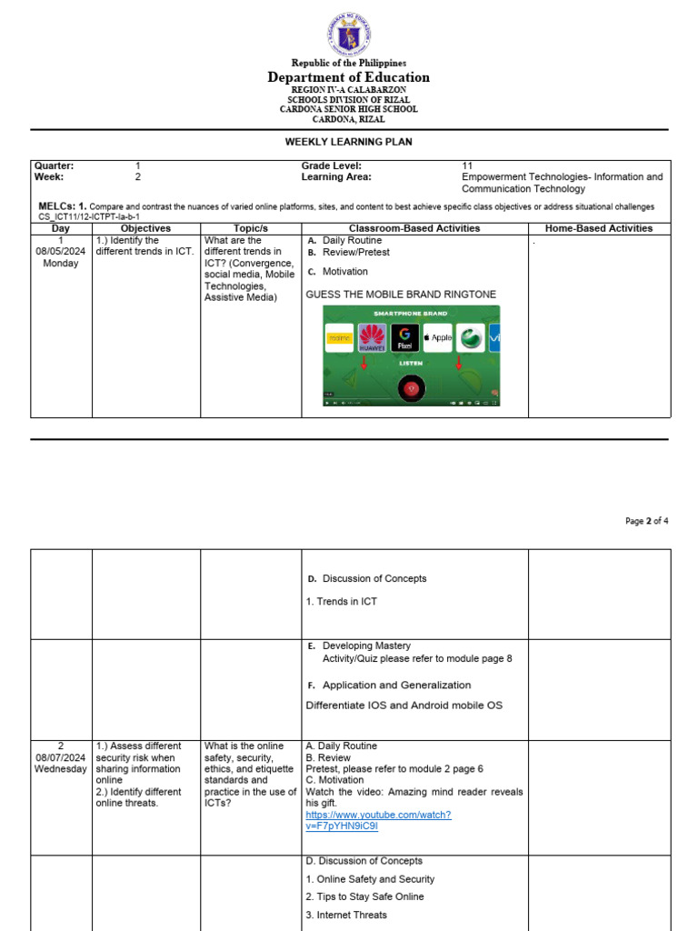 Empowerment Tech Weekly Plan Q1 W2 | PDF | Educational Technology ...