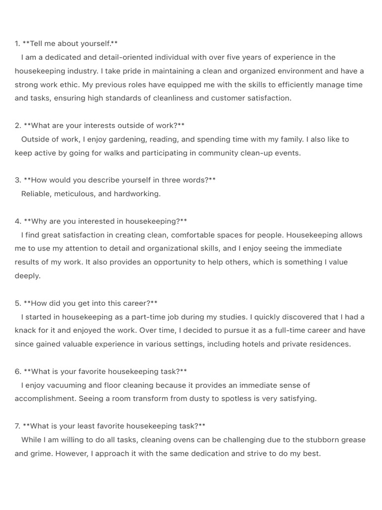 Housekeeping Interview Self-Introduction Guide | PDF | Housekeeping ...