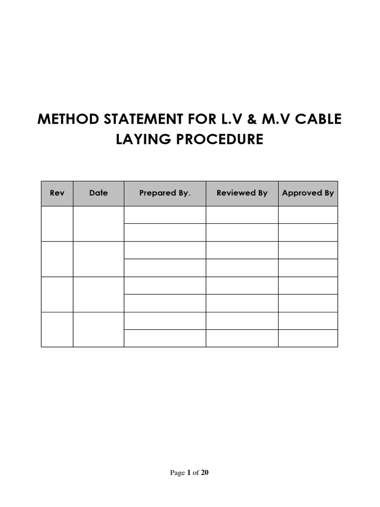 L.V & M.V Cable Laying Method Statement | PDF | Duct (Flow) | Trench