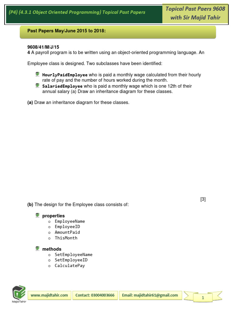 (P4) (4.3.1 Object Oriented Programming) Topical Past Papers | PDF ...