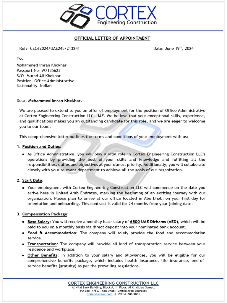 Office Admin Appointment Offer Letter | PDF | Employment | United Arab ...