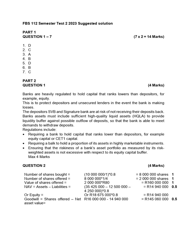 FBS 112 Semester Test 2 Solutions 2023 | PDF | Leverage (Finance) | Banks