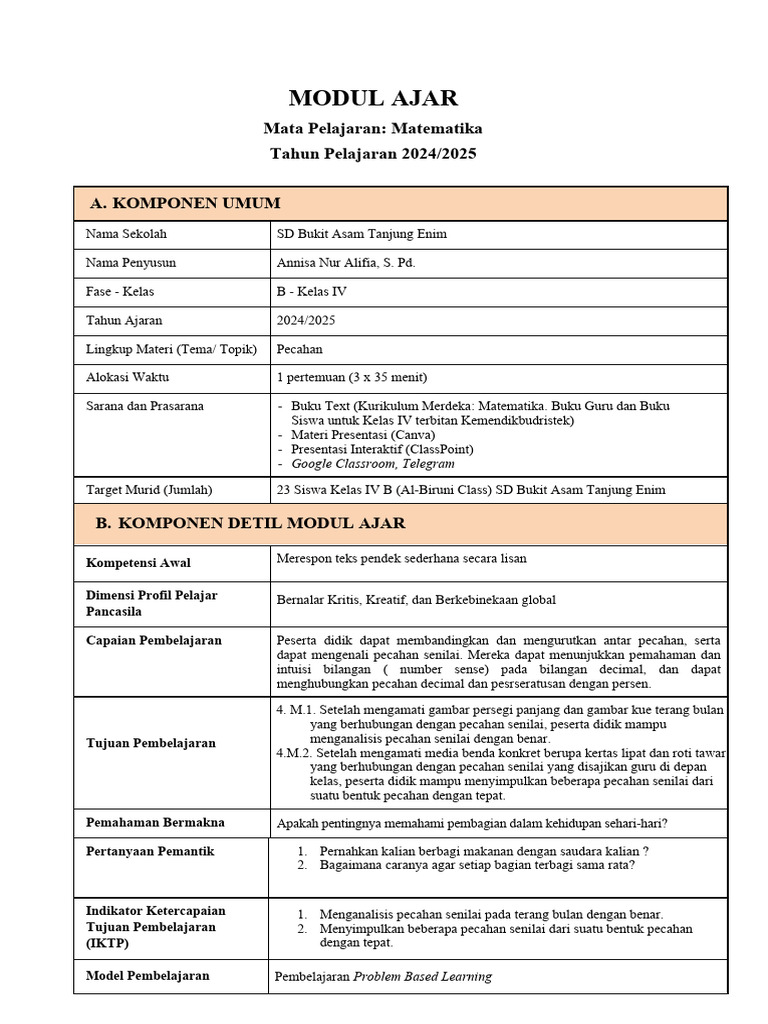 Modul Ajar Pecahan Kelas IV SD | PDF | Seni