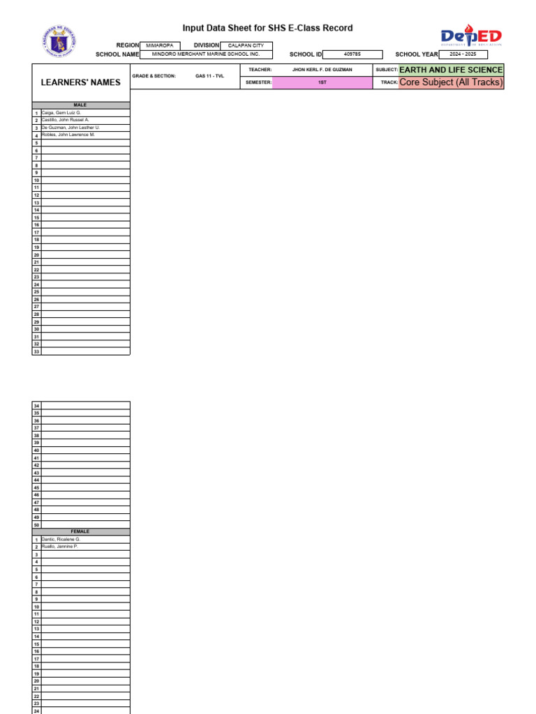 SHS E-Class Record for Earth Science | PDF