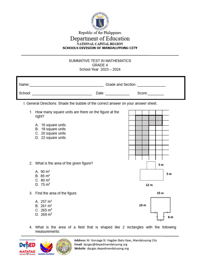 Grade 4 Mathematics Summative Test | PDF | Rectangle | Area