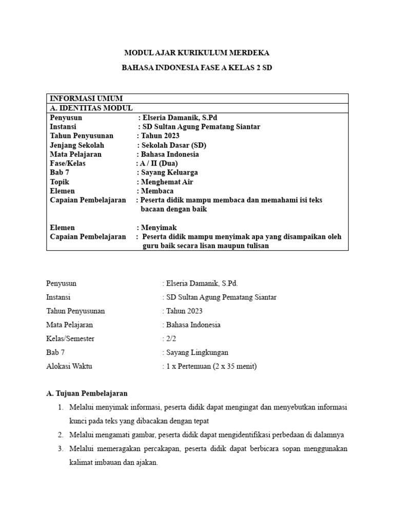 Contoh Modul Ajar Kurikulum Merdeka | PDF | Seni & Disiplin Bahasa ...
