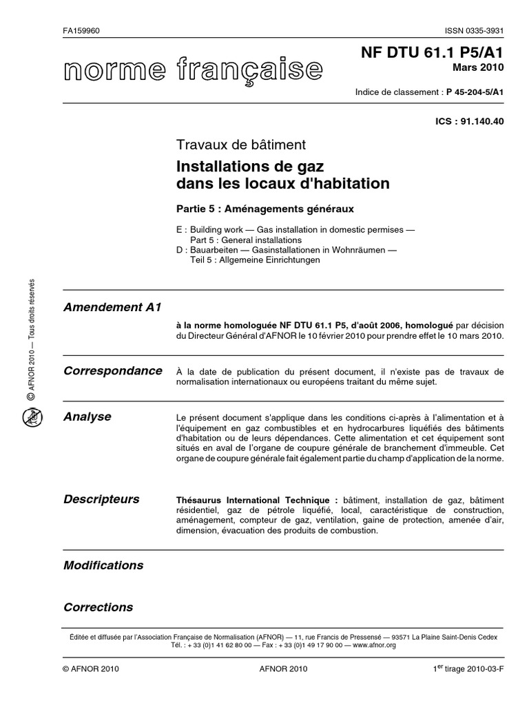 Norme NF DTU 61.1 : Installation Gaz | PDF | Code de la construction et ...