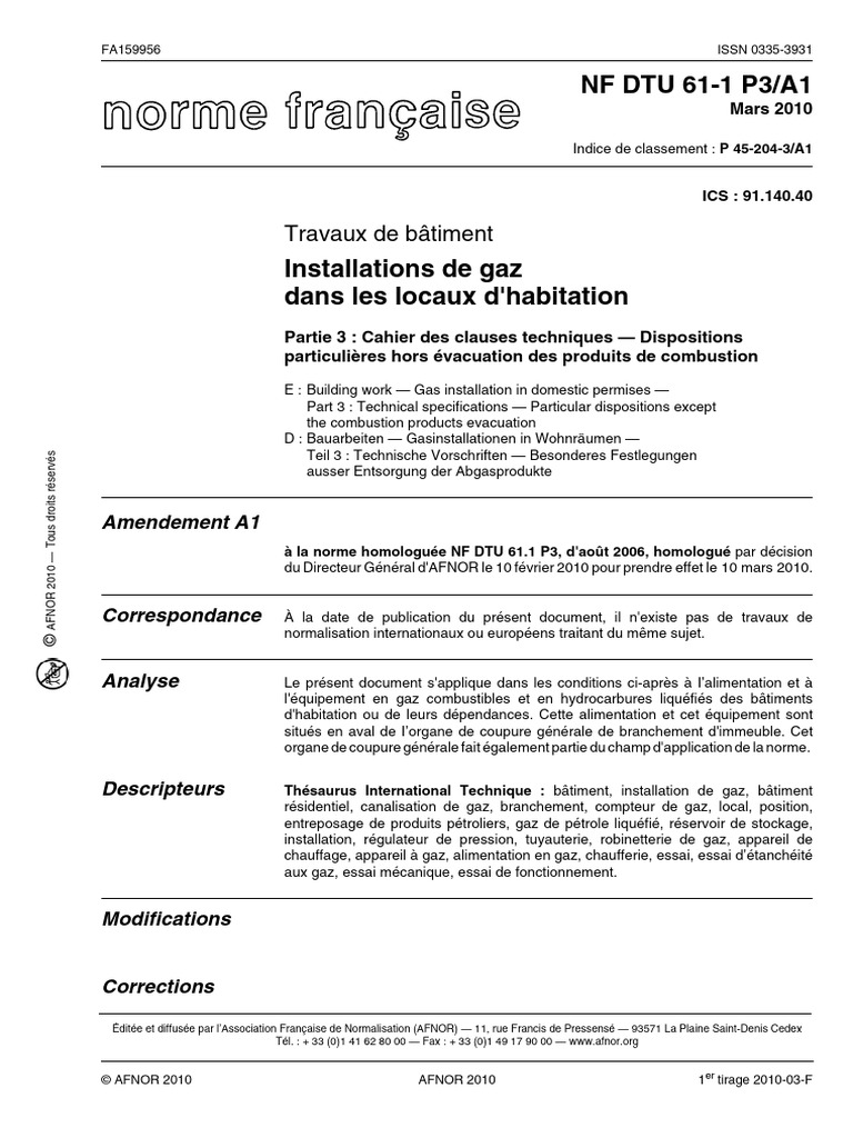 Norme NF DTU 61-1 P3/A1 Gaz Bâtiment | PDF | Tuyau | Code de la ...