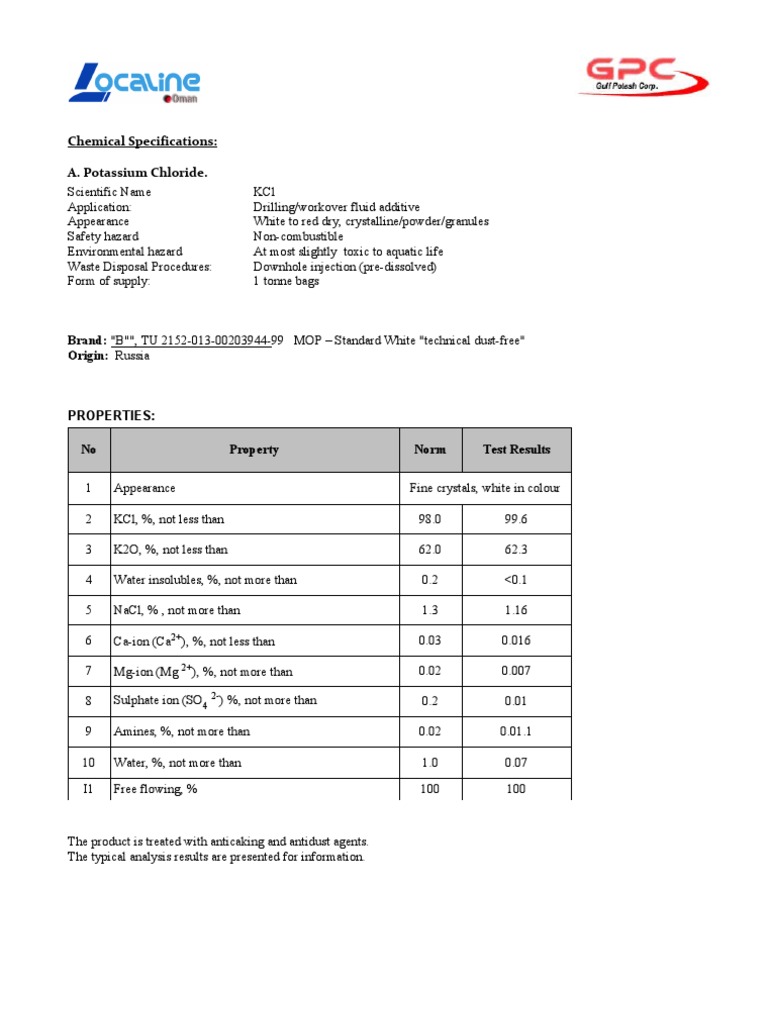 KCl Chemical Specifications and Safety | PDF