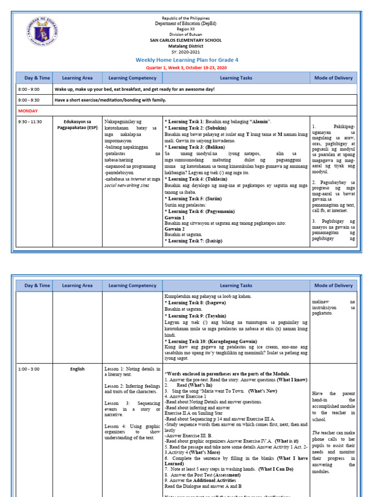 Grade 4 Weekly Learning Plan: Oct 19-23 | PDF | Cognitive Science