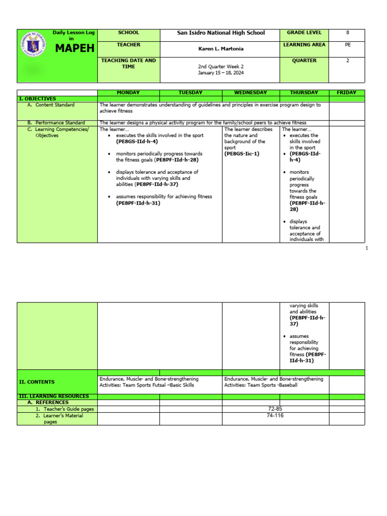 MAPEH Grade 8 Daily Lesson Log | PDF | Learning | Team Sports
