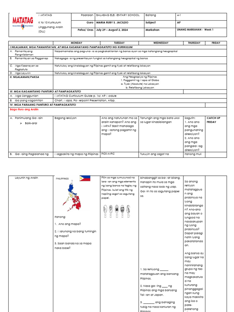 Matatag DLL Week 1 AP g4 | PDF