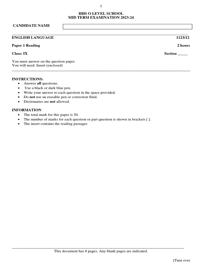 Mid Term 2023 English Language P1 Grade IX-edited | PDF | Human ...