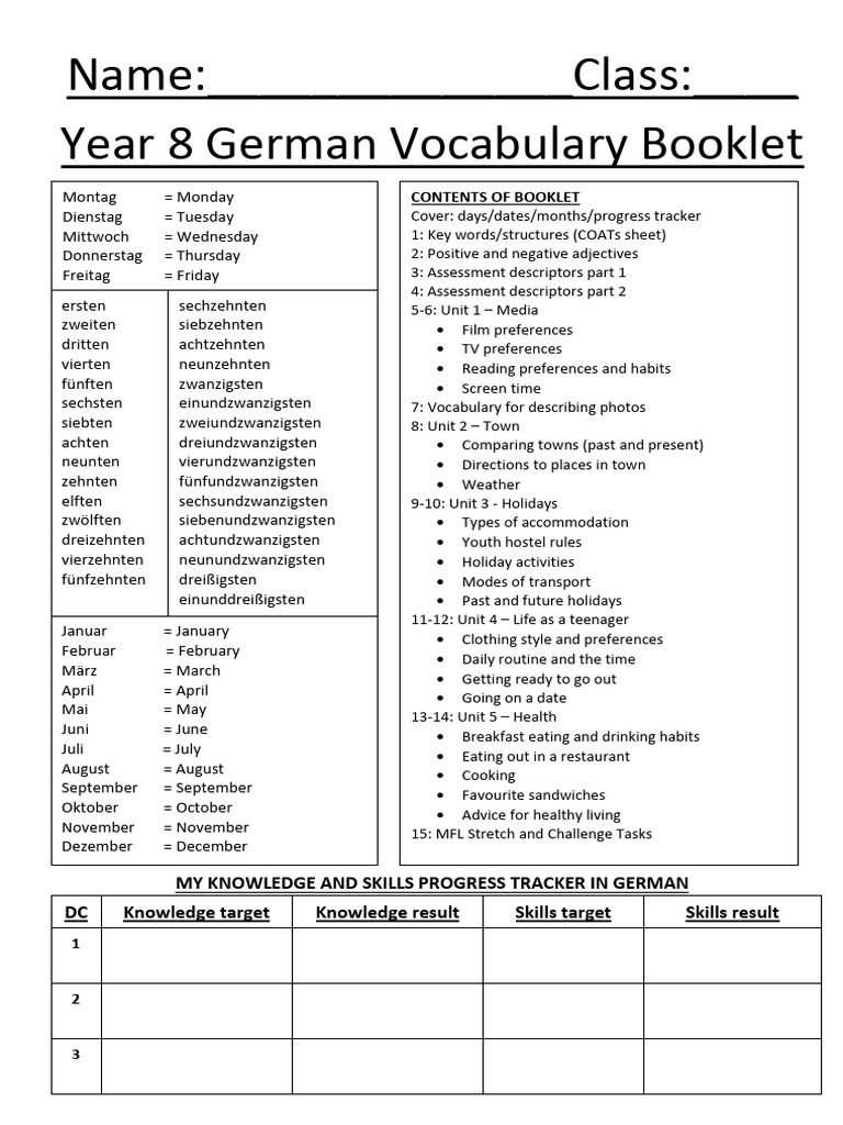 Year 8 German Vocabulary Guide | PDF | Vocabulary | Adverb