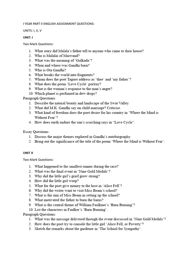 Year 1 English Assignment Questions | PDF | Adjective | Adverb