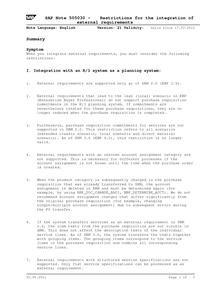 Note 505030 - Restrictions For The Integration of External Requirements ...