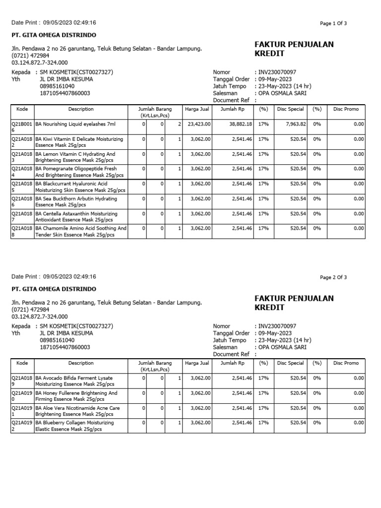 Faktur Penjualan PT. Gita Omega Distrindo | PDF