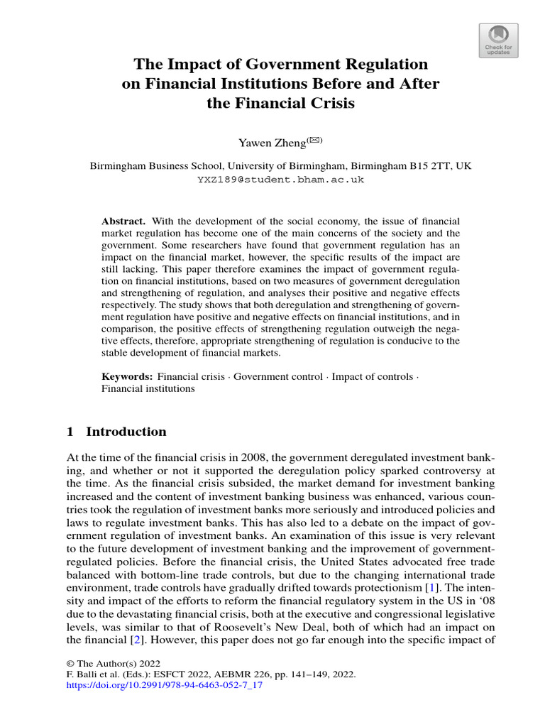 The Impact of Government Regulation On Financial Institutions Before ...