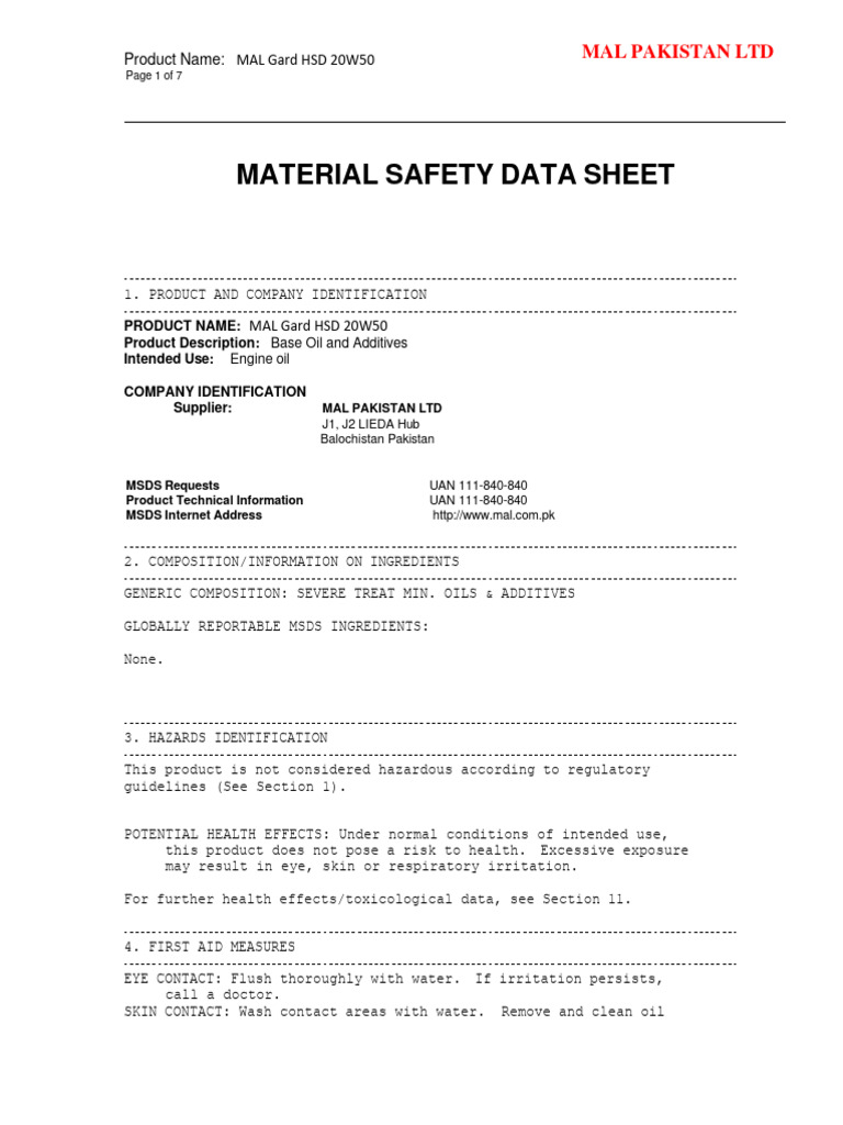 MSDS MAL Gard HSD 20W50 | PDF