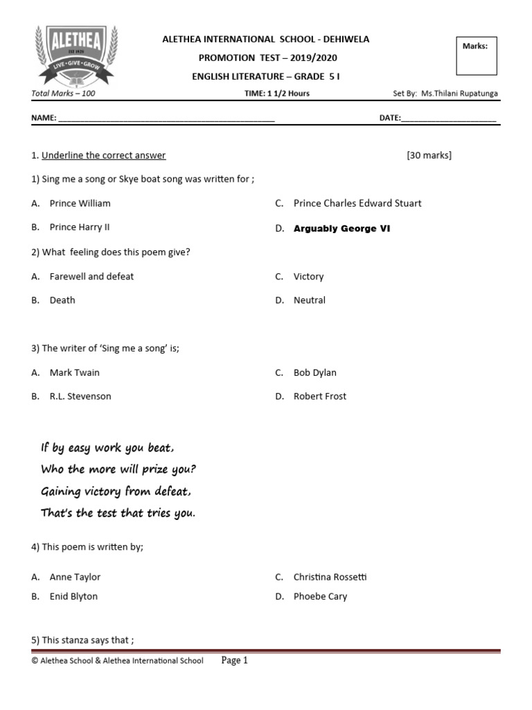 Eng Lit 2020 3rd Term Gr5 I Pdf Language Arts Discipline