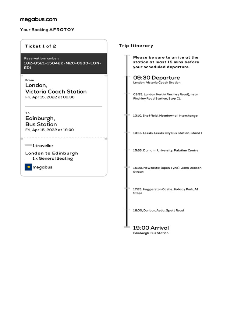 London to Edinburgh Megabus Itinerary | PDF | Bus Transport | Public ...