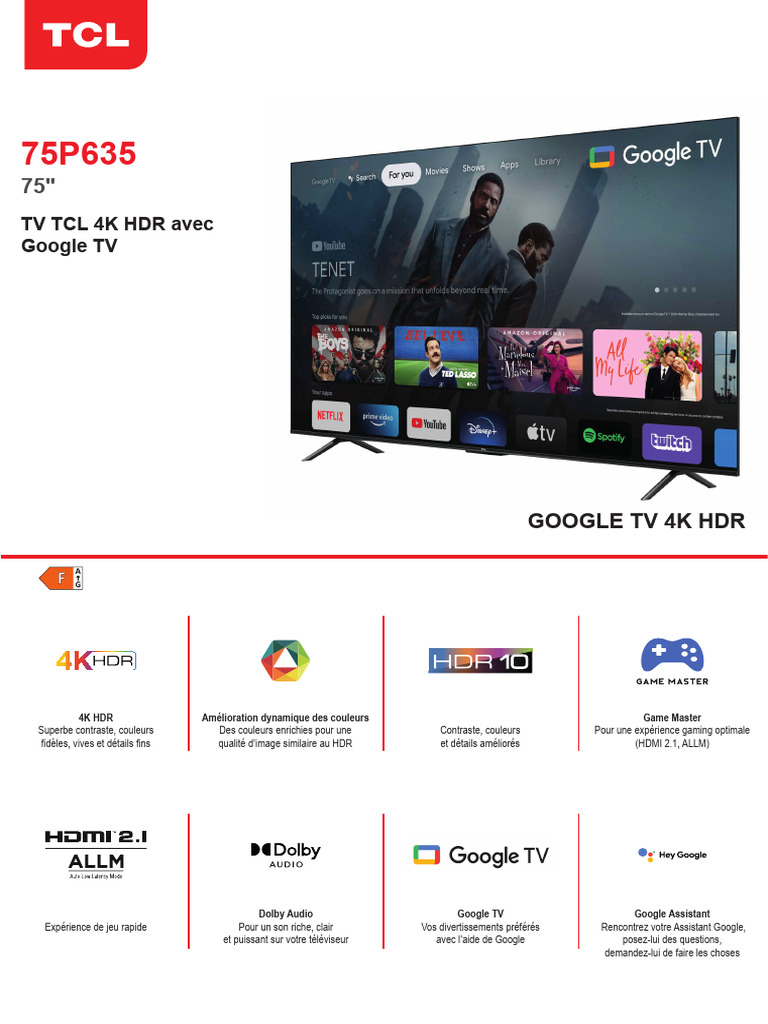 TV TCL 75P635: 4K HDR et Google TV | PDF | HDMI | Télévision à ultra ...