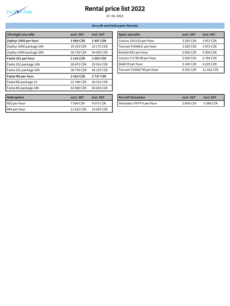 Aircraft Rental Rates 2022 | PDF