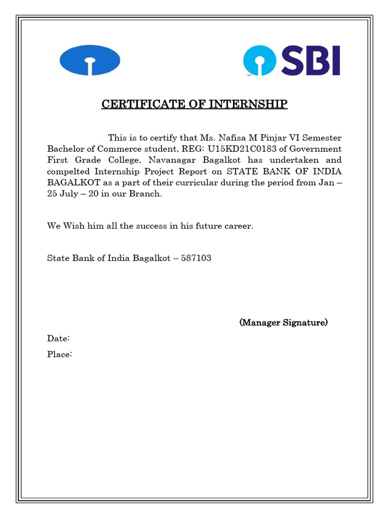 B.Com Internship Certificate - SBI Bagalkot | PDF