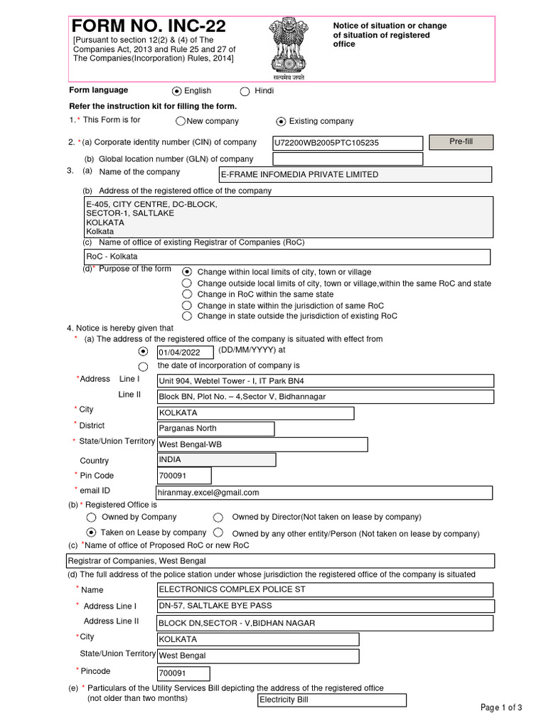 Form INC-22: Registered Office Notice | PDF | Kolkata | Lease