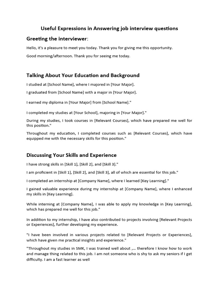 Useful Expressions in Answering Job Interview Questions | PDF ...