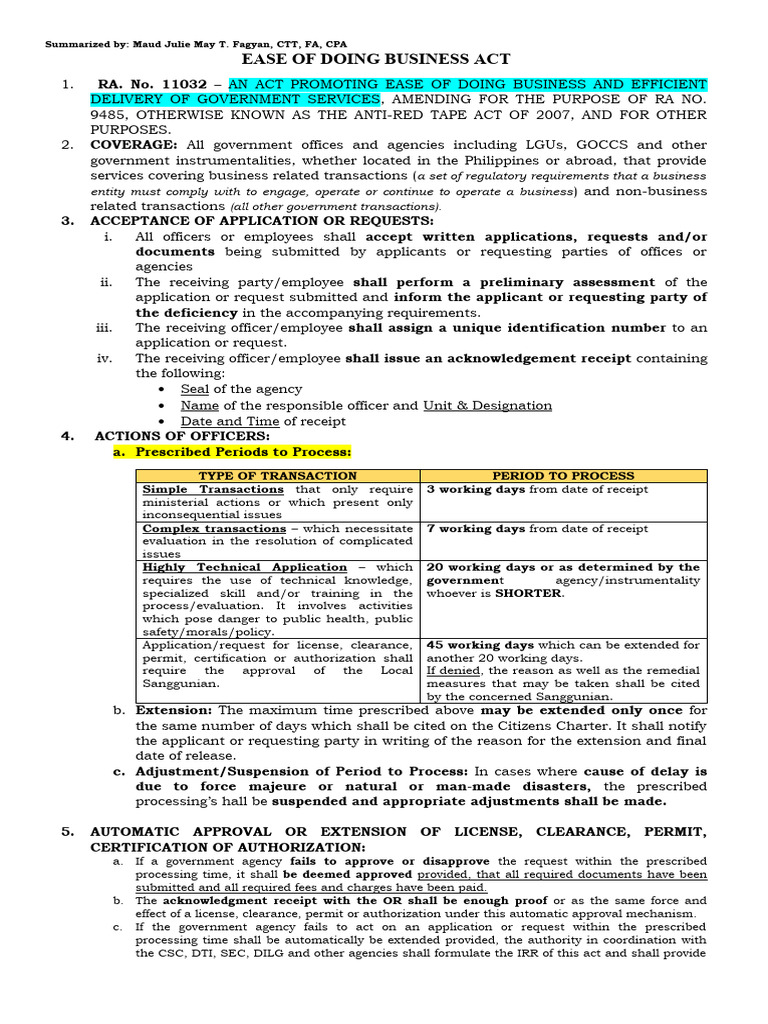 Ease of Doing Business Act Summary | PDF | Government