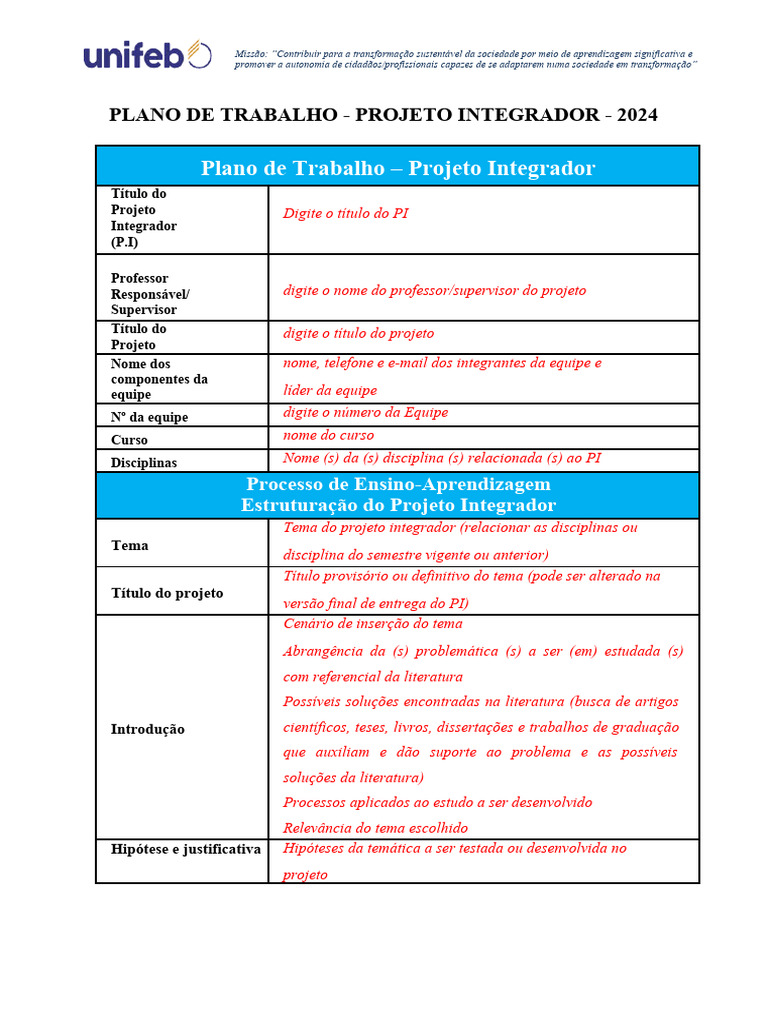 Plano de Trabalho: Projeto Integrador 2024 | PDF | Metodologia ...