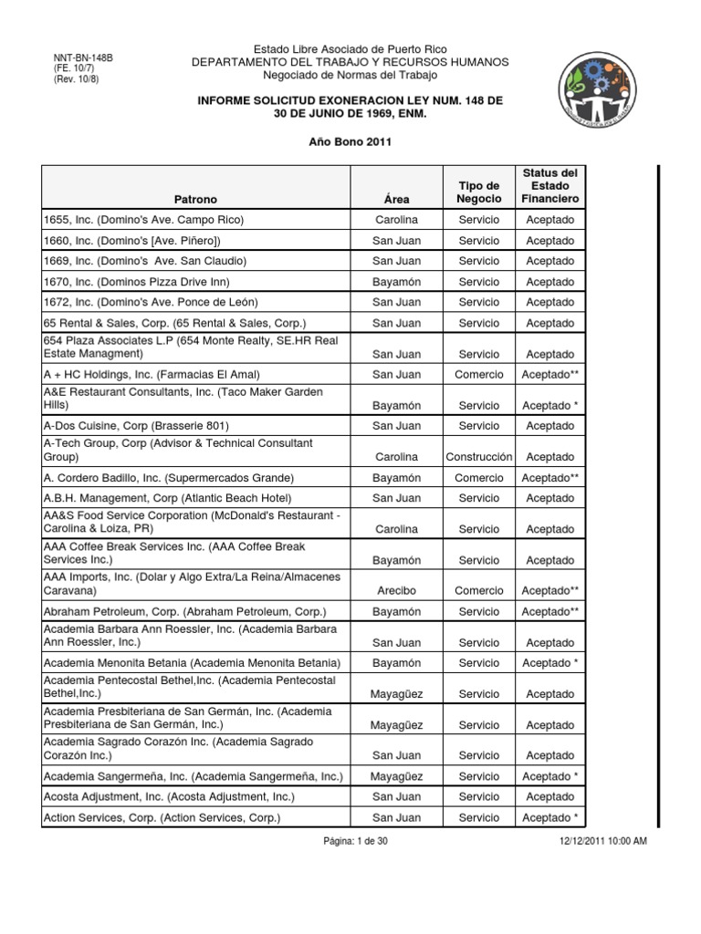 Lista Oficial Bono de Navidad 2011 San Juan Puerto Rico