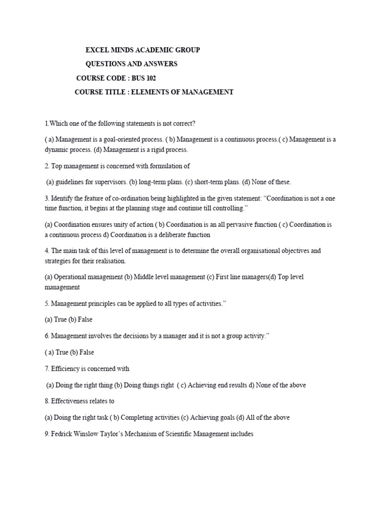 BUS 102 Management Questions & Answers | PDF | Leadership | Business