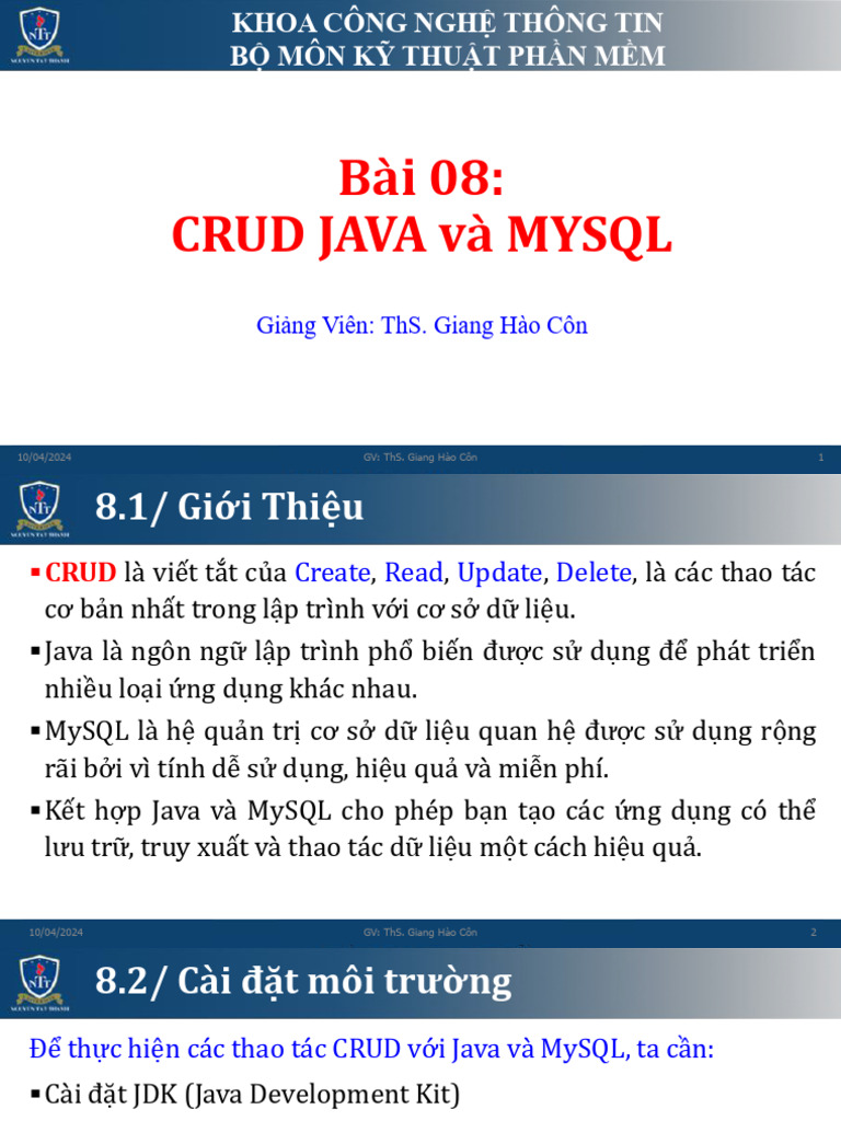 Bài 08: Crud Java Và Mysql: Giảng Viên: Ths. Giang Hào Côn | PDF