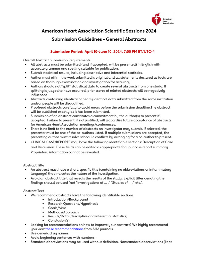 AHA 2024 Abstract Submission Guidelines | PDF | Abstract (Summary ...