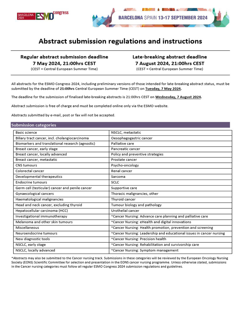 ESMO Congress 2024 Abstract Regulations | PDF | Cancer | Artificial ...