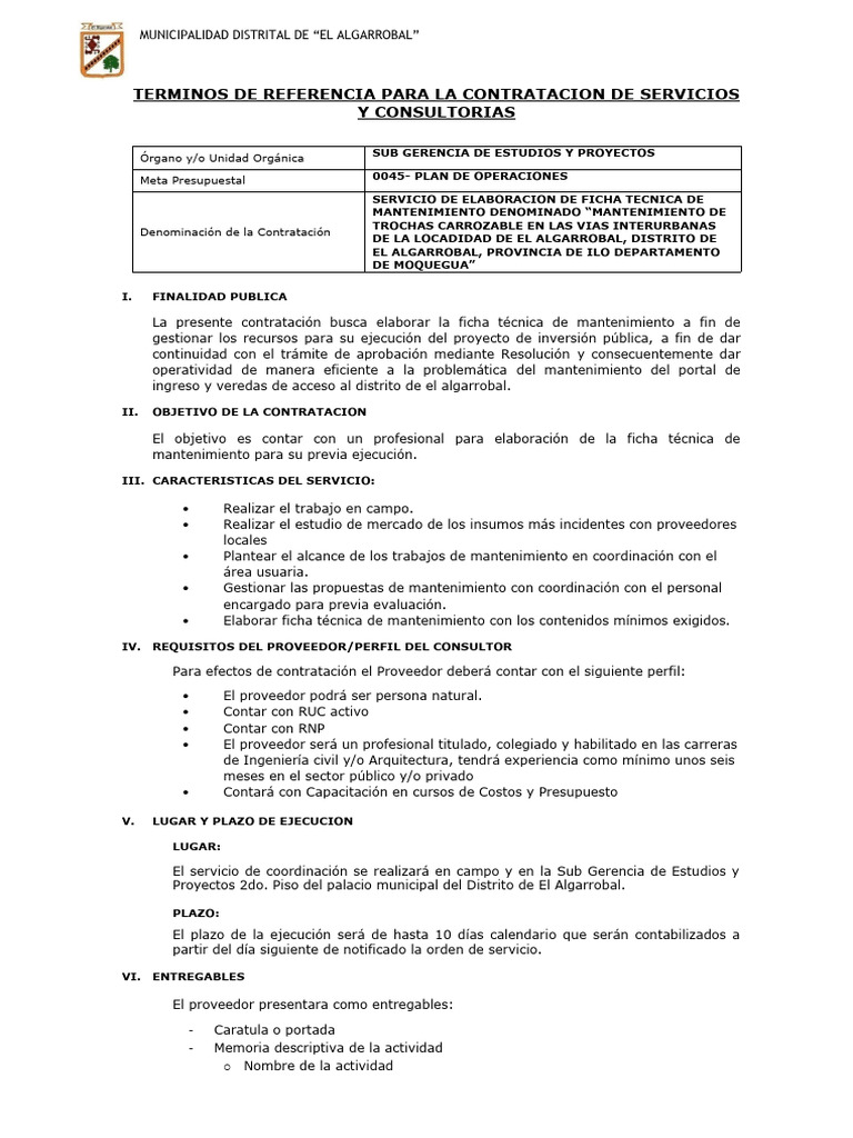 Ficha Técnica para Mantenimiento Vial El Algarrobal | PDF | Presupuesto ...