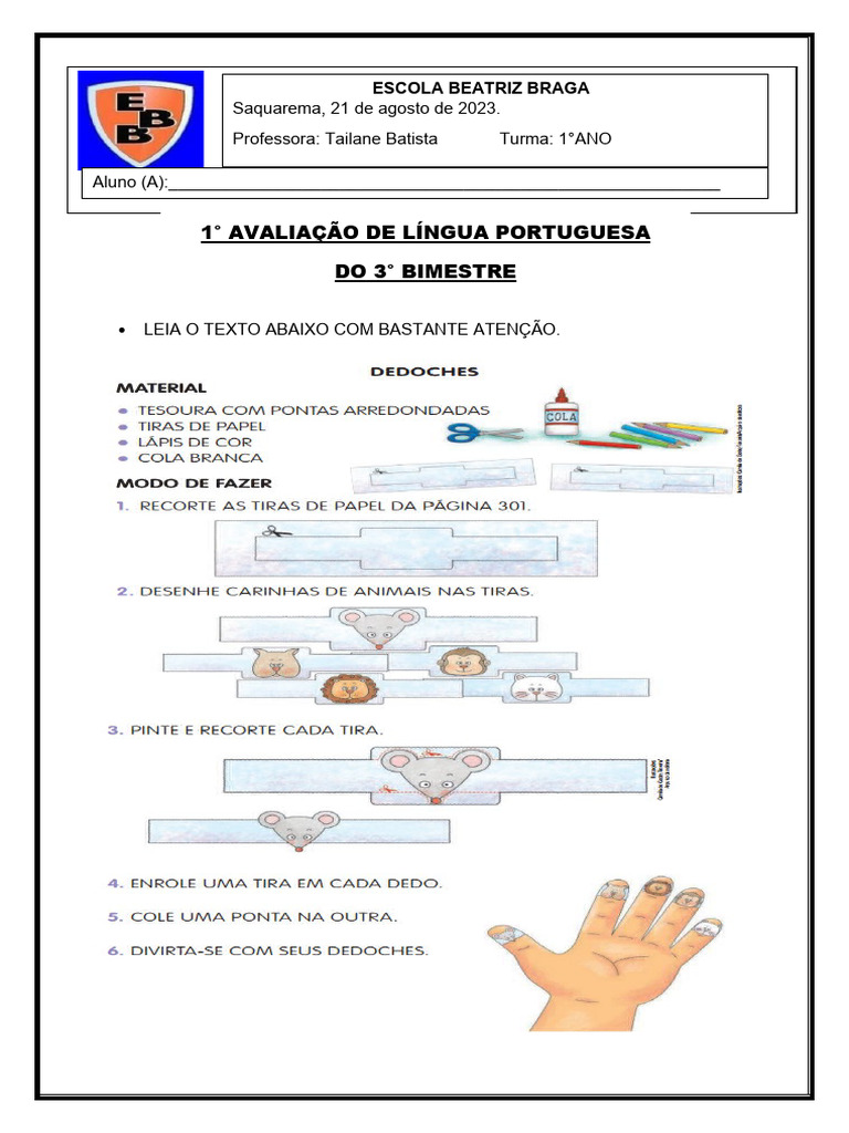 Avaliação de Língua Portuguesa 1º Ano | PDF | Sílaba | Linguística