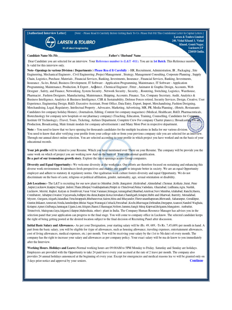 L&T Interview Call Letter Format | PDF | Cost Of Living | Credit Card