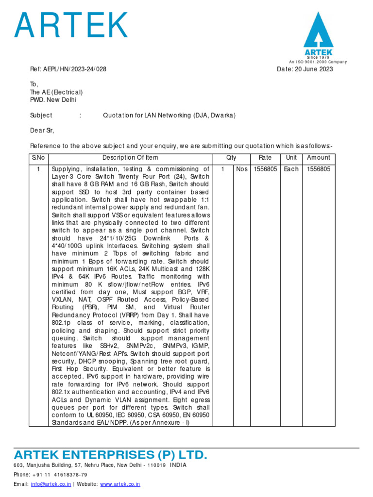Quotation (DJA, Dwarka) Dt. 20-6-2023 | PDF | Network Switch | I Pv6