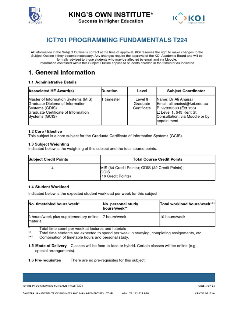 ICT701 Programming Fundamentals Overview | PDF | Educational Assessment ...