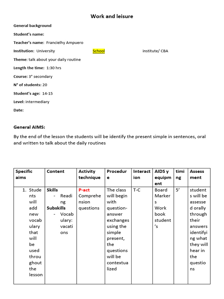 Daily Routines Lesson Plan for Students | PDF